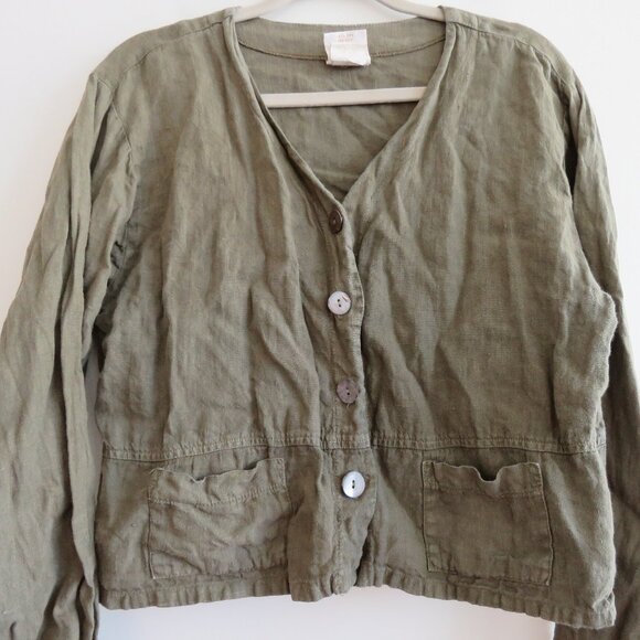 VINTAGE TOM TOM USA 100% Linen Cropped Blazer Jacket Khaki Green Lagenlook S - Picture 3 of 15
